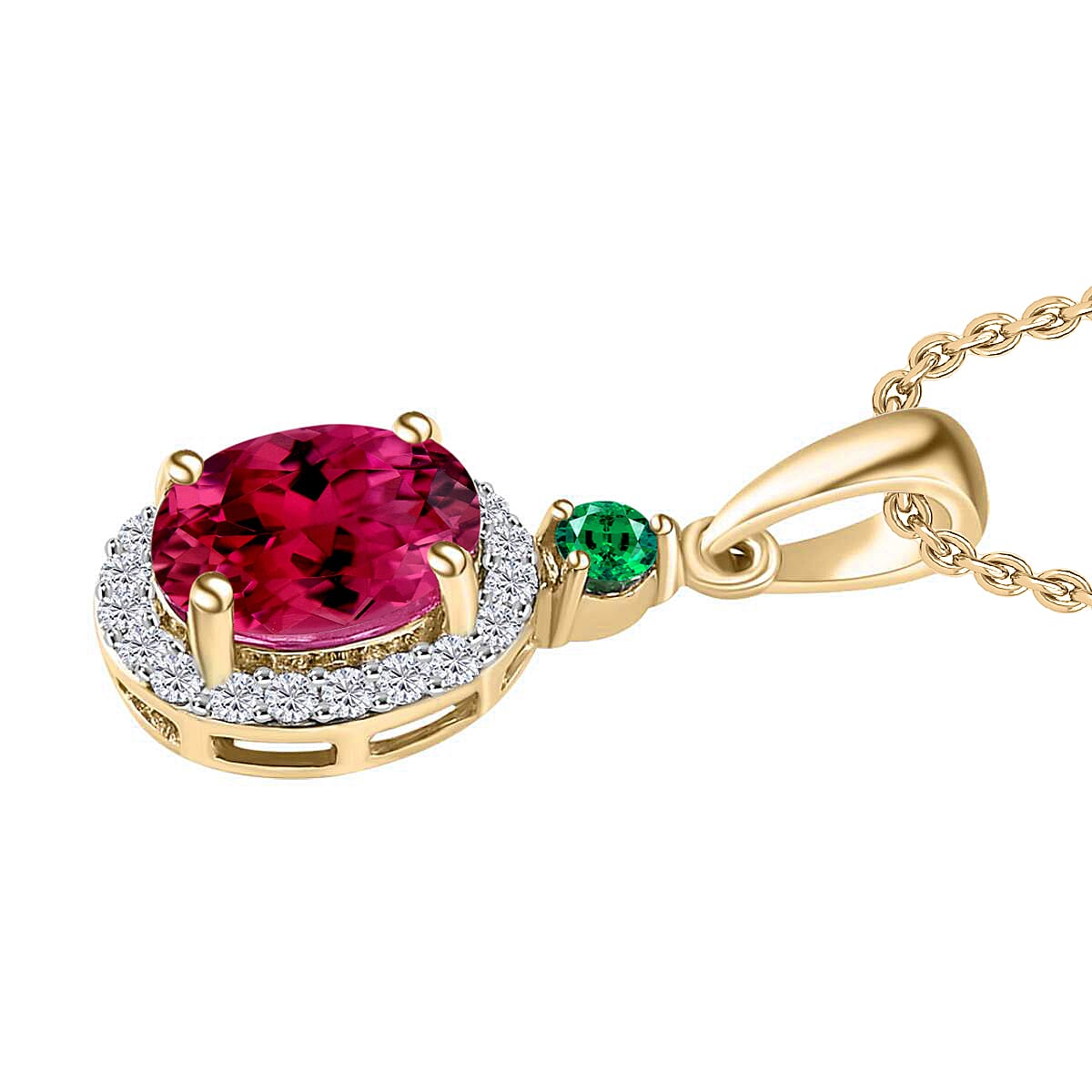 Rhapsody AAAA Ouro Fino Rubellite, Boyaca Colombian Emerald and E-F VS2 Diamond 1.55 ctw Pendant Necklace 20 Inches in 18K Yellow Gold image number 2