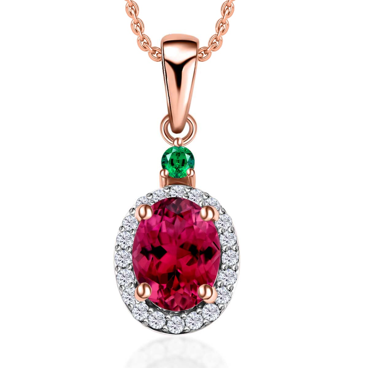 Rhapsody AAAA Ouro Fino Rubellite, Boyaca Colombian Emerald and E-F VS2 Diamond 1.55 ctw Pendant Necklace 20 Inches in 18K Rose Gold image number 0