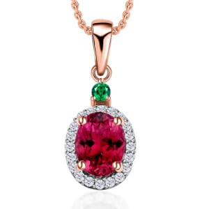 Rhapsody AAAA Ouro Fino Rubellite, Boyaca Colombian Emerald and E-F VS2 Diamond 1.55 ctw Pendant Necklace 20 Inches in 18K Rose Gold