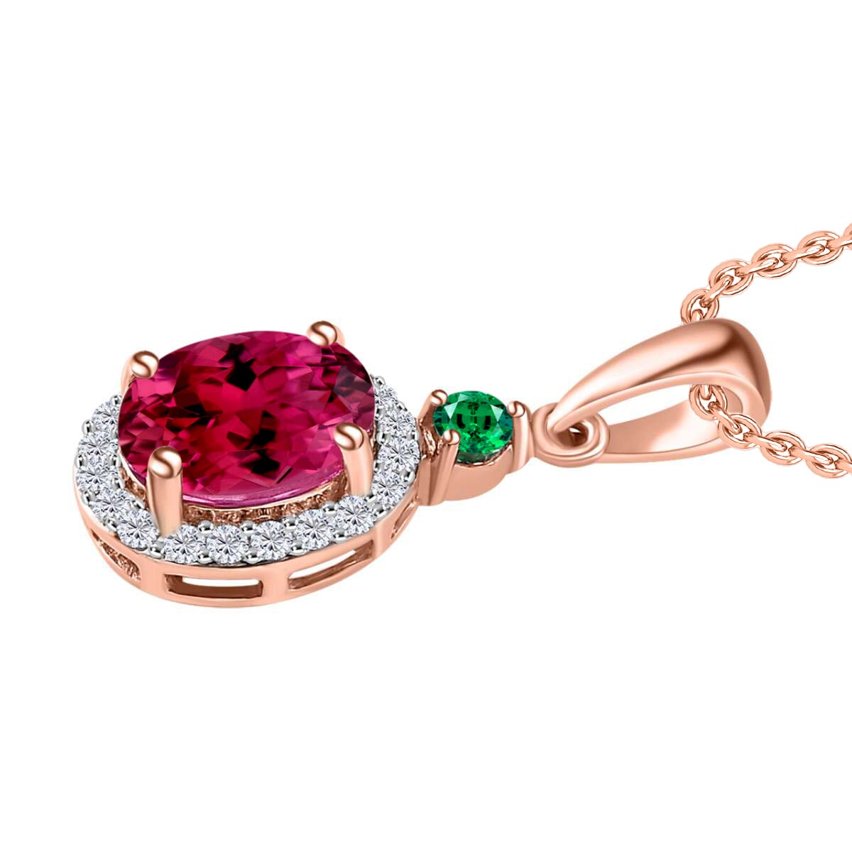 Rhapsody AAAA Ouro Fino Rubellite, Boyaca Colombian Emerald and E-F VS2 Diamond 1.55 ctw Pendant Necklace 20 Inches in 18K Rose Gold image number 2