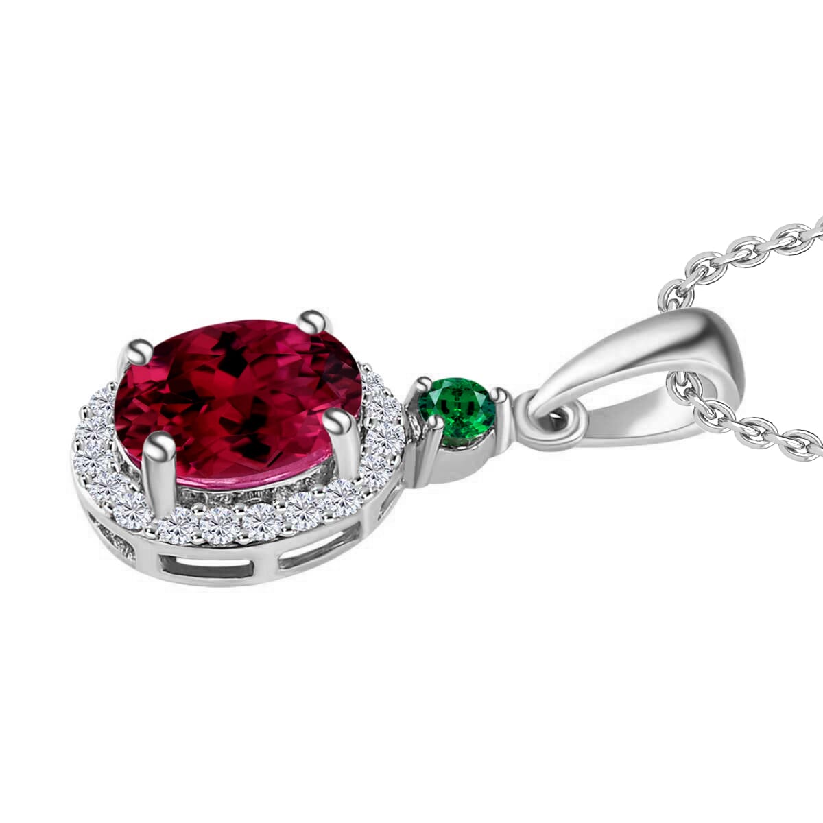 Rhapsody AAAA Ouro Fino Rubellite, Boyaca Colombian Emerald and E-F VS2 Diamond 1.55 ctw Pendant Necklace 20 Inches in 950 Platinum image number 2