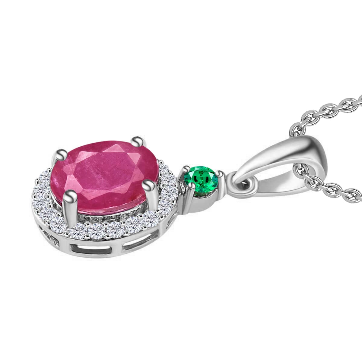 Luxoro Premium Mozambique Ruby, Boyaca Colombian Emerald and G-H I1 Diamond 1.85 ctw Pendant Necklace 20 Inches in 14K White Gold image number 2