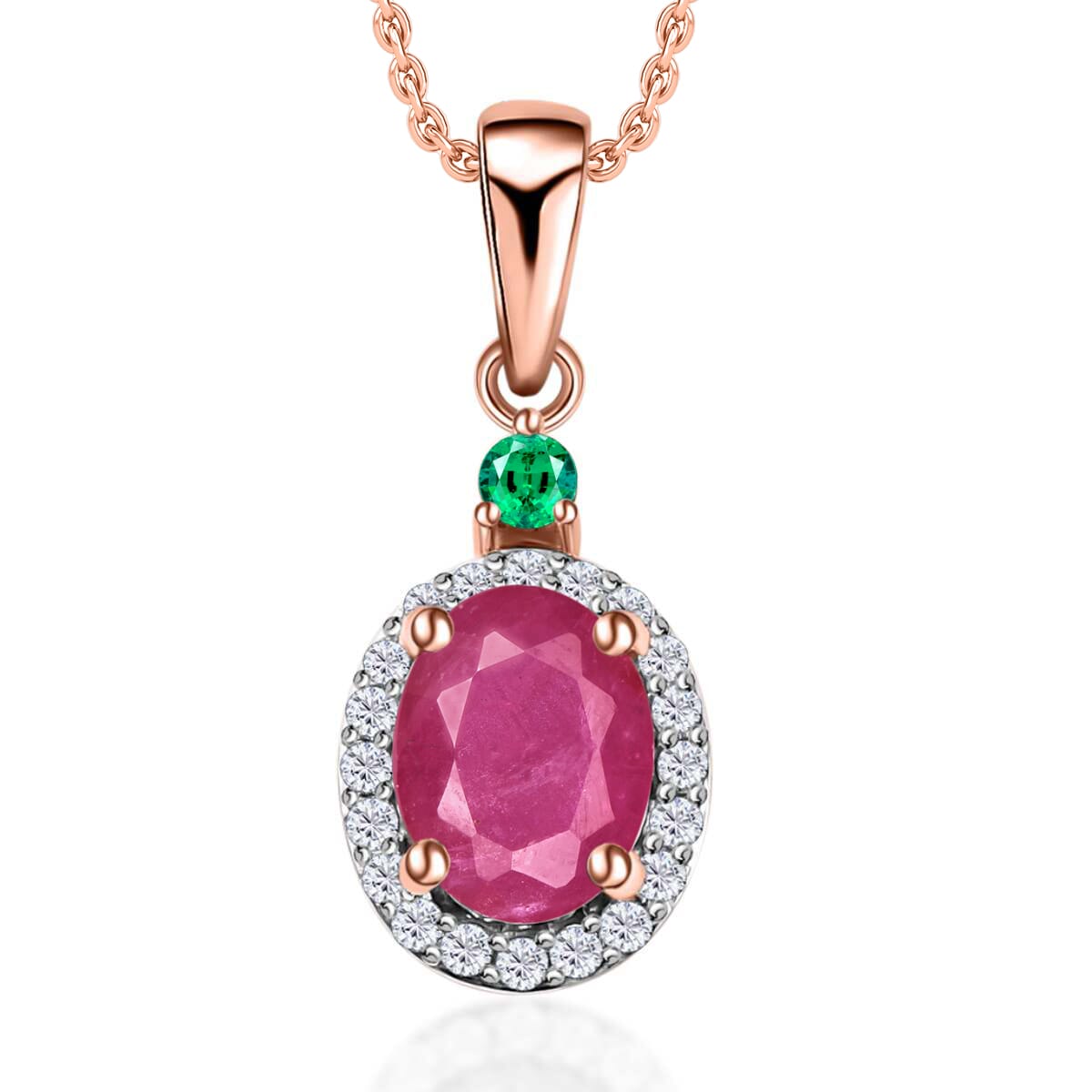 Luxoro Premium Mozambique Ruby, Boyaca Colombian Emerald and G-H I1 Diamond 1.85 ctw Pendant Necklace 20 Inches in 14K Rose Gold image number 0