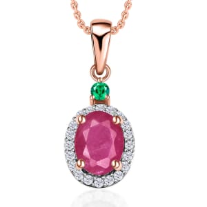Luxoro Premium Mozambique Ruby, Boyaca Colombian Emerald and G-H I1 Diamond 1.85 ctw Pendant Necklace 20 Inches in 14K Rose Gold