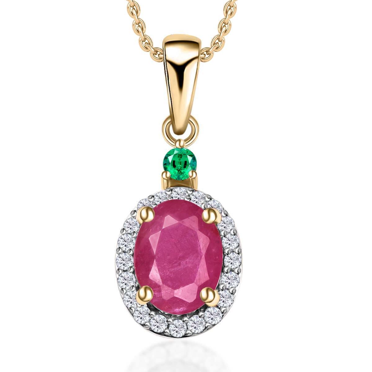 Luxoro Premium Mozambique Ruby, Boyaca Colombian Emerald and G-H I1 Diamond 1.85 ctw Pendant Necklace 20 Inches in 14K Yellow Gold image number 0