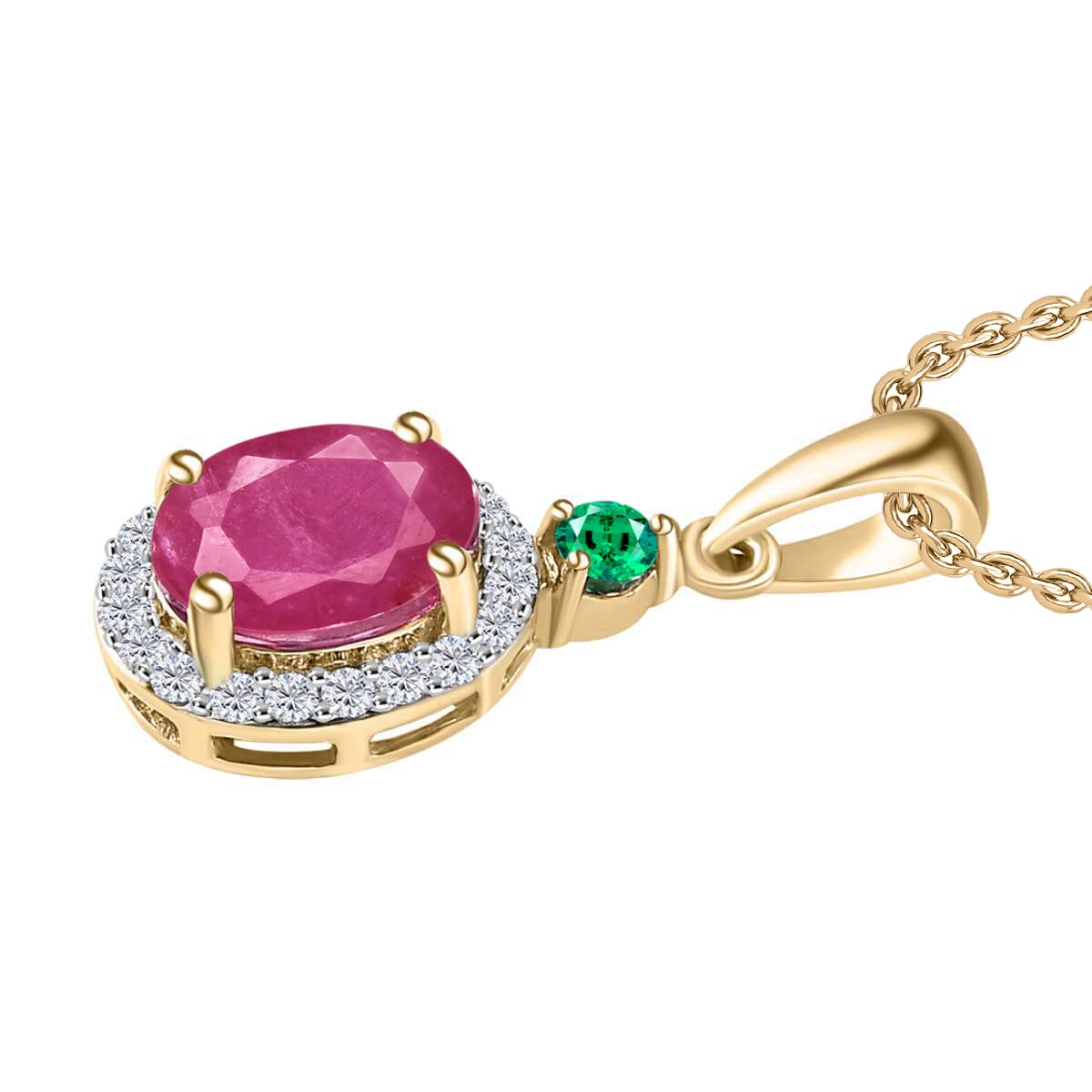 Luxoro Premium Mozambique Ruby, Boyaca Colombian Emerald and G-H I1 Diamond 1.85 ctw Pendant Necklace 20 Inches in 14K Yellow Gold image number 2