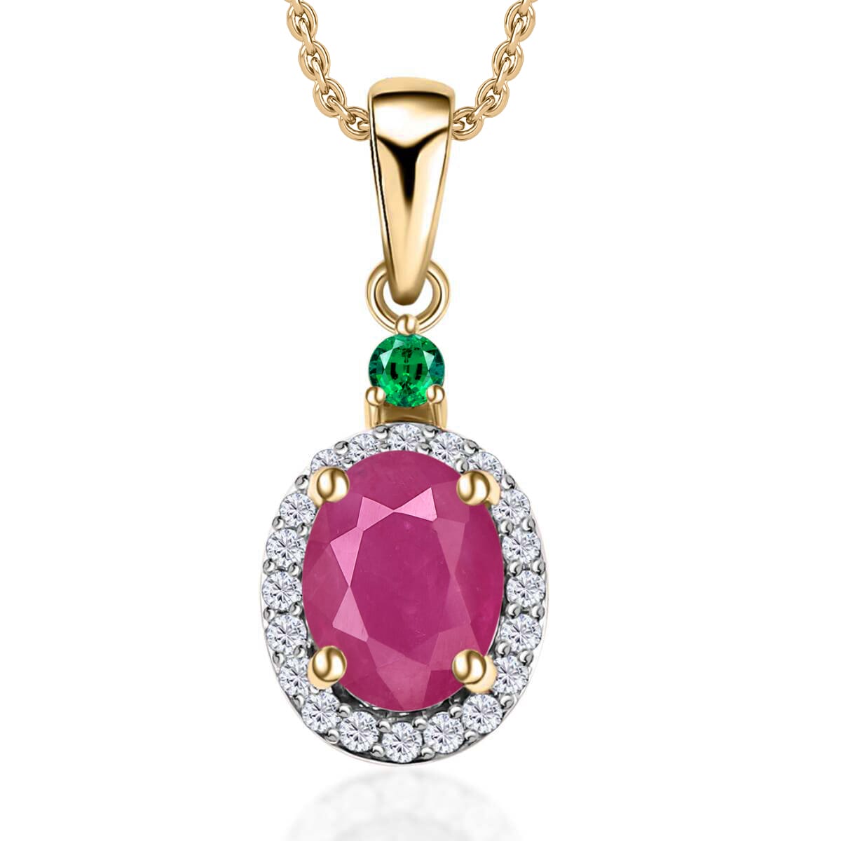 Rhapsody AAAA Mozambique Ruby, Boyaca Colombian Emerald and E-F VS2 Diamond 1.85 ctw Pendant Necklace 20 Inches in 18K Yellow Gold image number 0