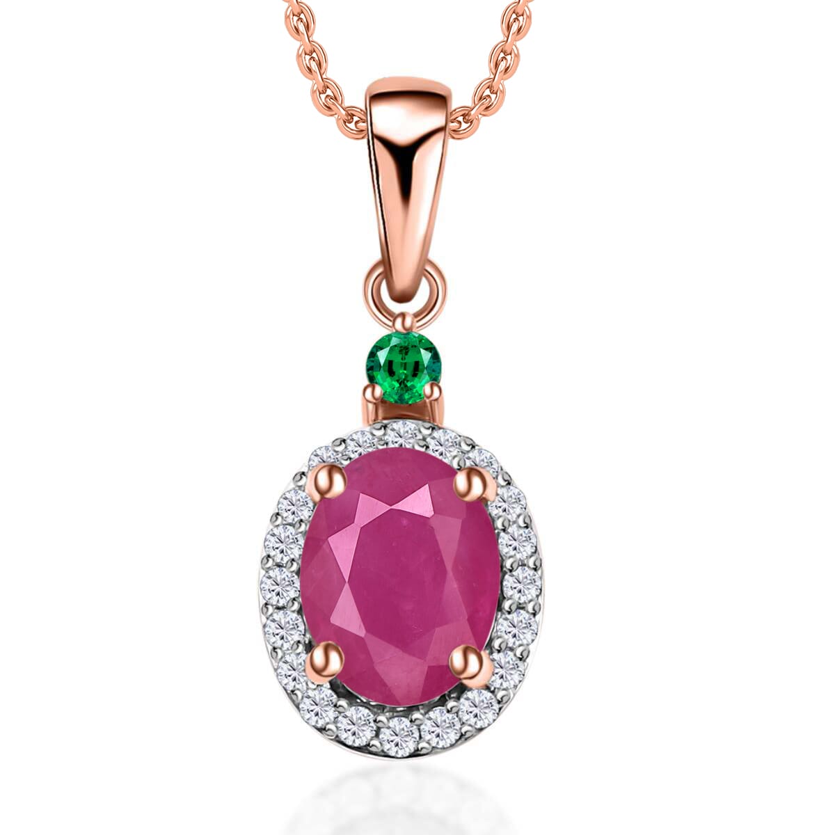Rhapsody AAAA Mozambique Ruby, Boyaca Colombian Emerald and E-F VS2 Diamond 1.85 ctw Pendant Necklace 20 Inches in 18K Rose Gold image number 0