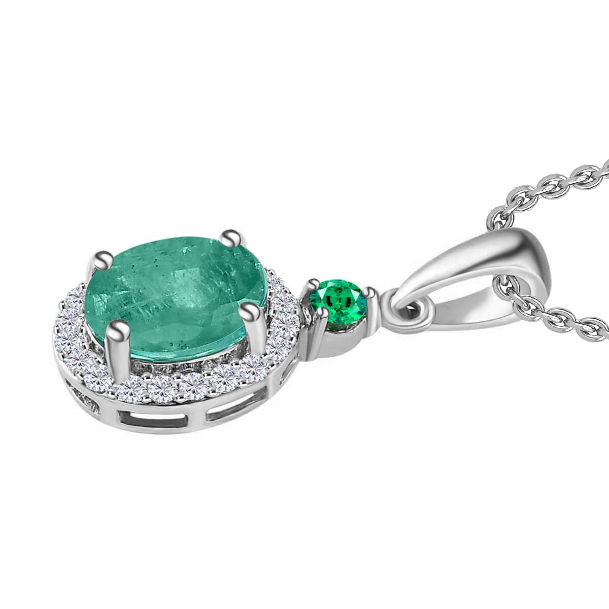 Luxoro Premium Kagem Zambian Emerald, Boyaca Colombian Emerald, G-H I1 Diamond 1.45 ctw Pendant Necklace 20 Inches in 14K White Gold image number 2