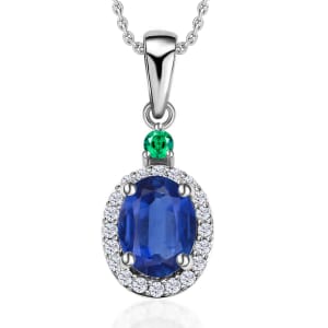 Luxoro Premium Kanchanaburi Blue Sapphire, Colombian Emerald and G-H I1 Diamond 1.65 ctw Halo Pendant Necklace 20 Inches in 14K White Gold