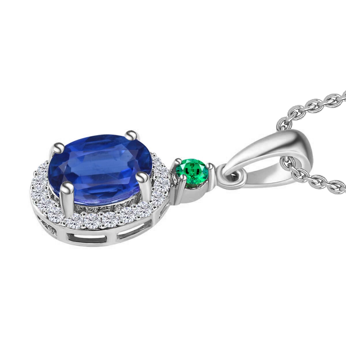 Luxoro Premium Kanchanaburi Blue Sapphire, Colombian Emerald and G-H I1 Diamond 1.65 ctw Halo Pendant Necklace 20 Inches in 14K White Gold image number 2