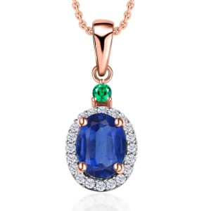 Luxoro Premium Kanchanaburi Blue Sapphire, Colombian Emerald and G-H I1 Diamond 1.65 ctw Halo Pendant Necklace 20 Inches in 14K Rose Gold