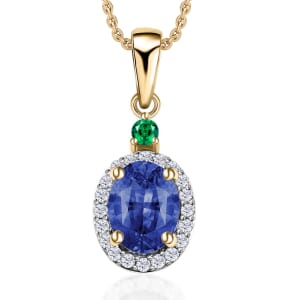 Rhapsody AAAA Ceylon Blue Sapphire, Boyaca Colombian Emerald, E-F VS2 Diamond 1.65 ctw Pendant Necklace 20 Inches in 18K Yellow Gold