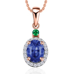 Rhapsody AAAA Ceylon Blue Sapphire, Boyaca Colombian Emerald, E-F VS2 Diamond 1.65 ctw Pendant Necklace 20 Inches in 18K Rose Gold