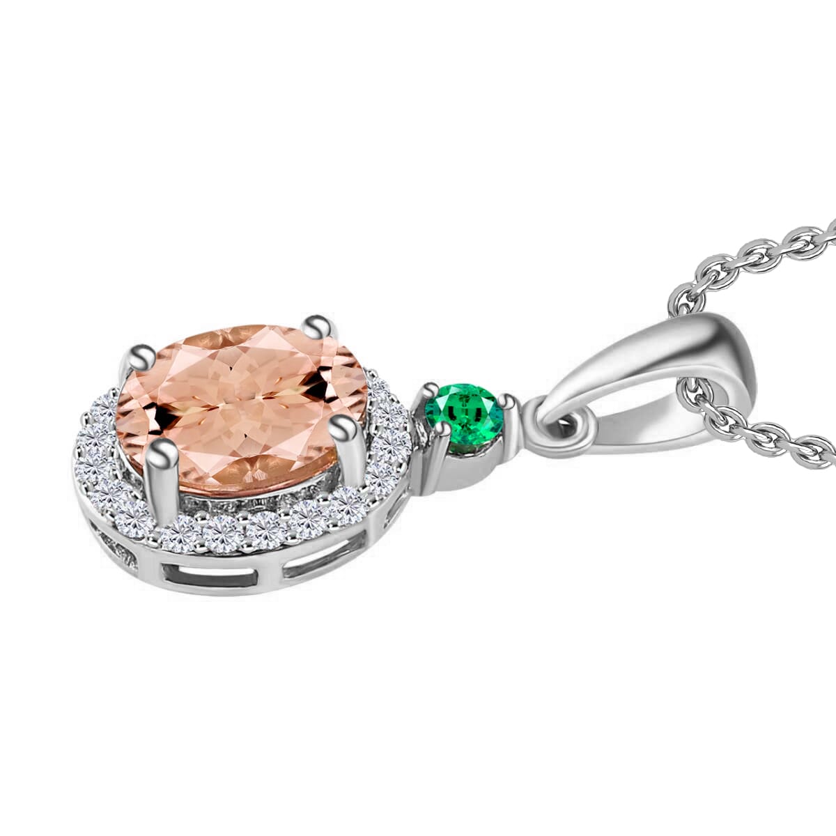 Luxoro Premium Pink Morganite, Boyaca Colombian Emerald and G-H I1 Diamond 1.65 ctw Pendant Necklace 20 Inches in 14K White Gold image number 2