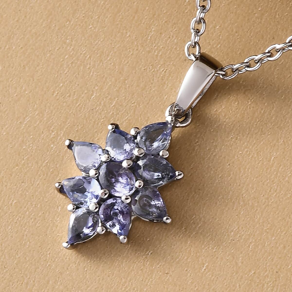 Tanzanite Floral Spray Pendant Necklace 20 Inches in Stainless Steel 1.35 ctw image number 1