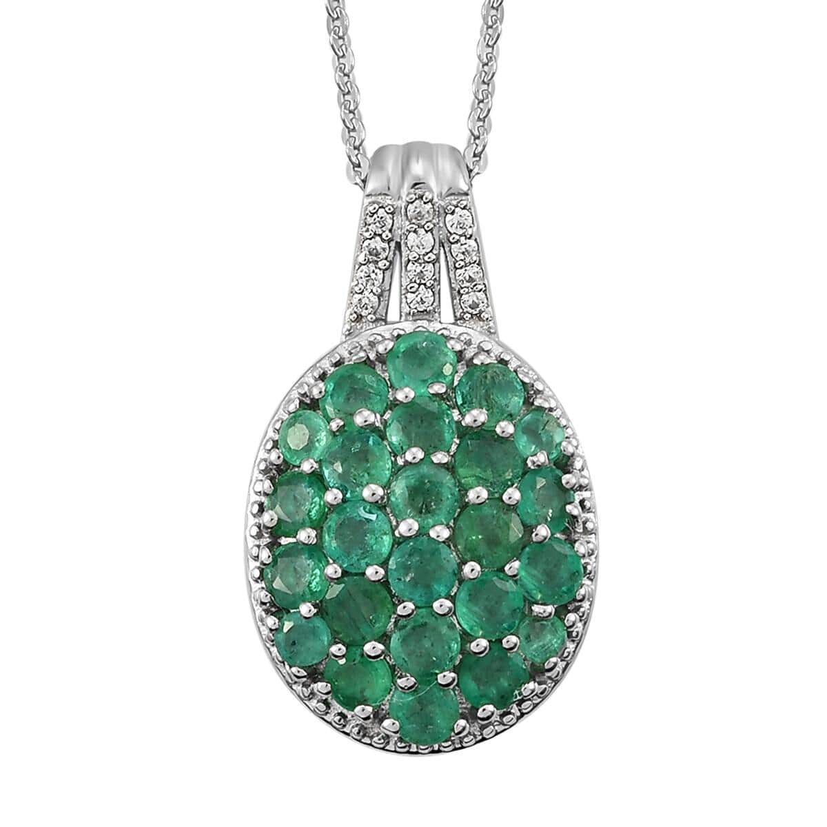 AAA Kagem Zambian Emerald, Natural White Zircon Pendant Necklace (20 Inches) in Platinum Over Sterling Silver 1.65 ctw image number 0