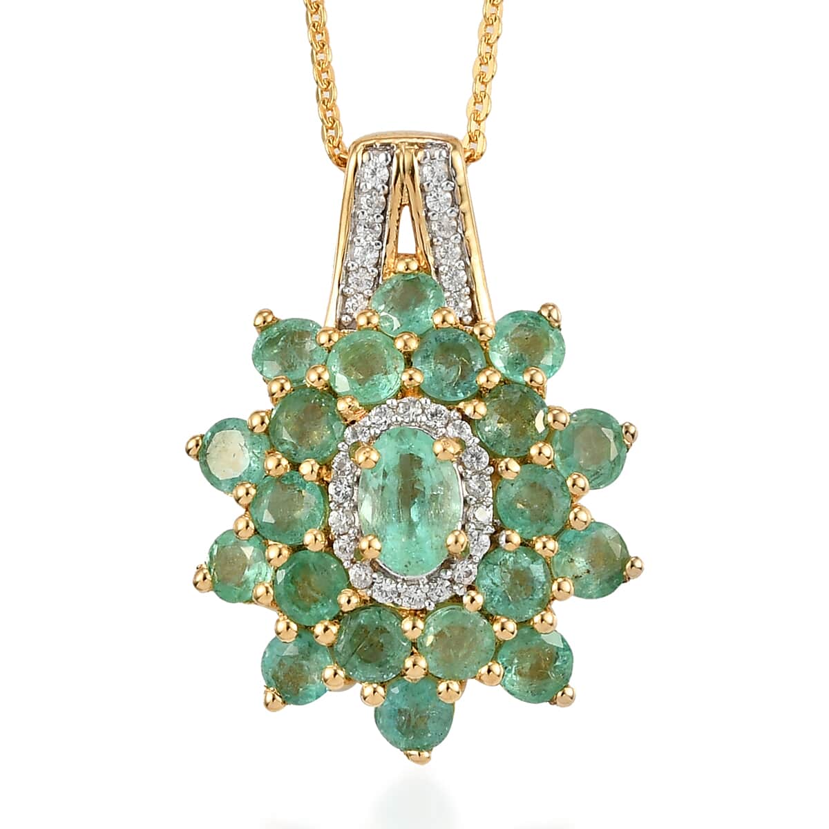 Boyaca Colombian Emerald and Natural White Zircon Floral Pendant Necklace 20 Inches in Vermeil Yellow Gold Over Sterling Silver 2.90 ctw image number 0