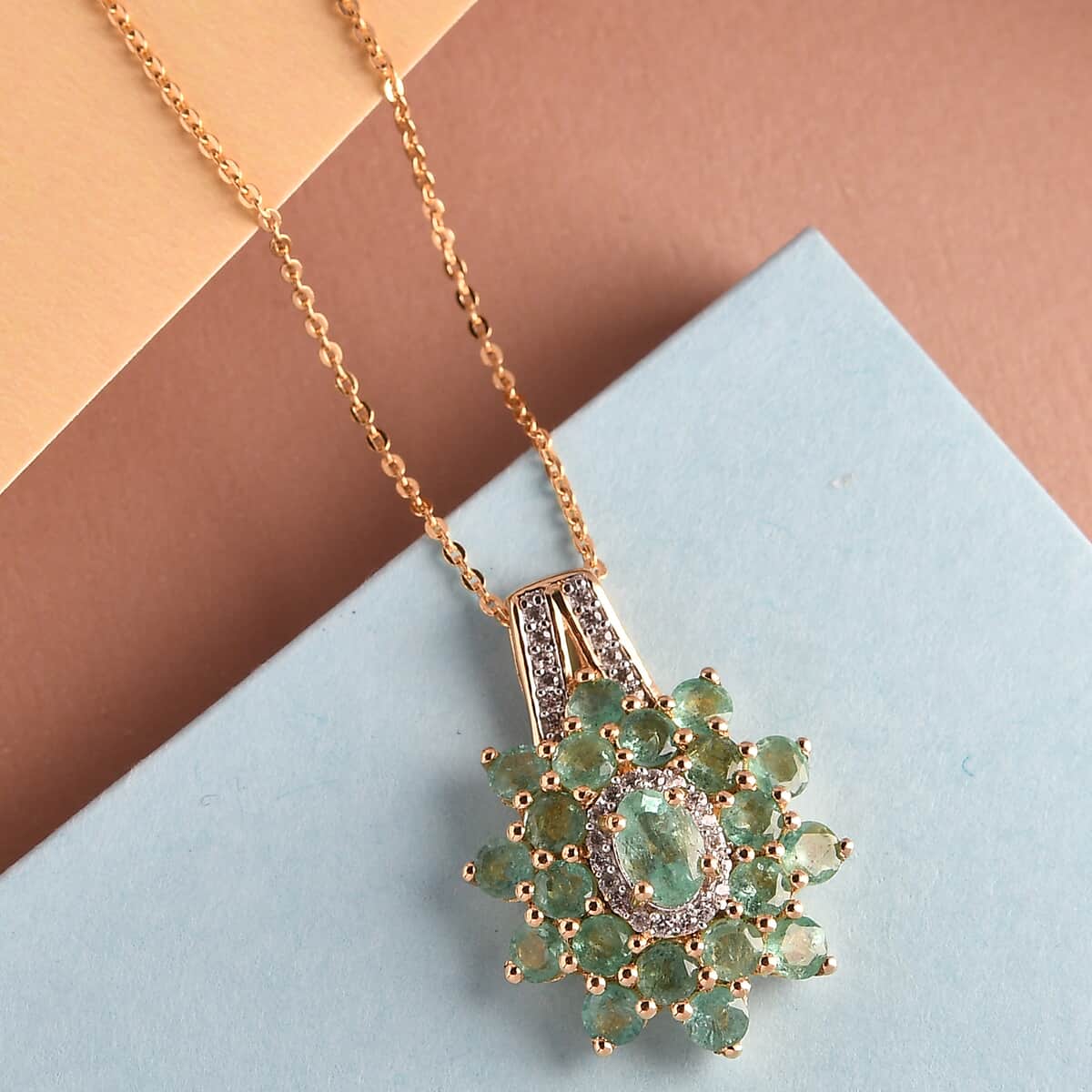 Boyaca Colombian Emerald and Natural White Zircon Floral Pendant Necklace 20 Inches in Vermeil Yellow Gold Over Sterling Silver 2.90 ctw image number 1