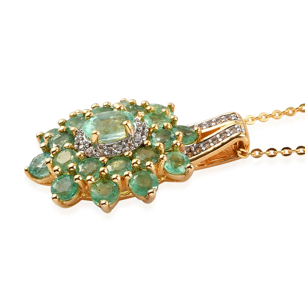 Boyaca Colombian Emerald and Natural White Zircon Floral Pendant Necklace 20 Inches in Vermeil Yellow Gold Over Sterling Silver 2.90 ctw image number 3