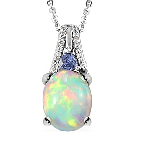 Premium Ethiopian Welo Opal and Multi Gemstone Pendant Necklace 20 Inches in Platinum Over Sterling Silver 1.75 ctw