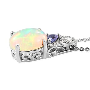 Premium Ethiopian Welo Opal and Multi Gemstone Pendant Necklace 20 Inches in Platinum Over Sterling Silver 1.75 ctw