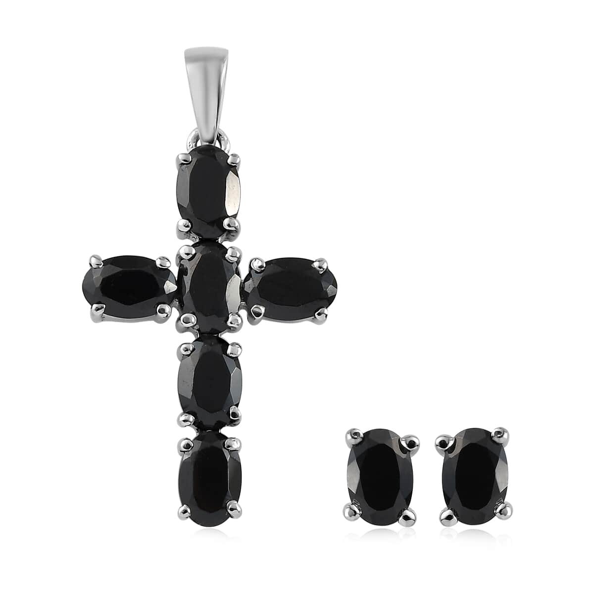 Natural Thai Black Spinel Cross Pendant and Solitaire Stud Earrings in Stainless Steel 4.60 ctw image number 0