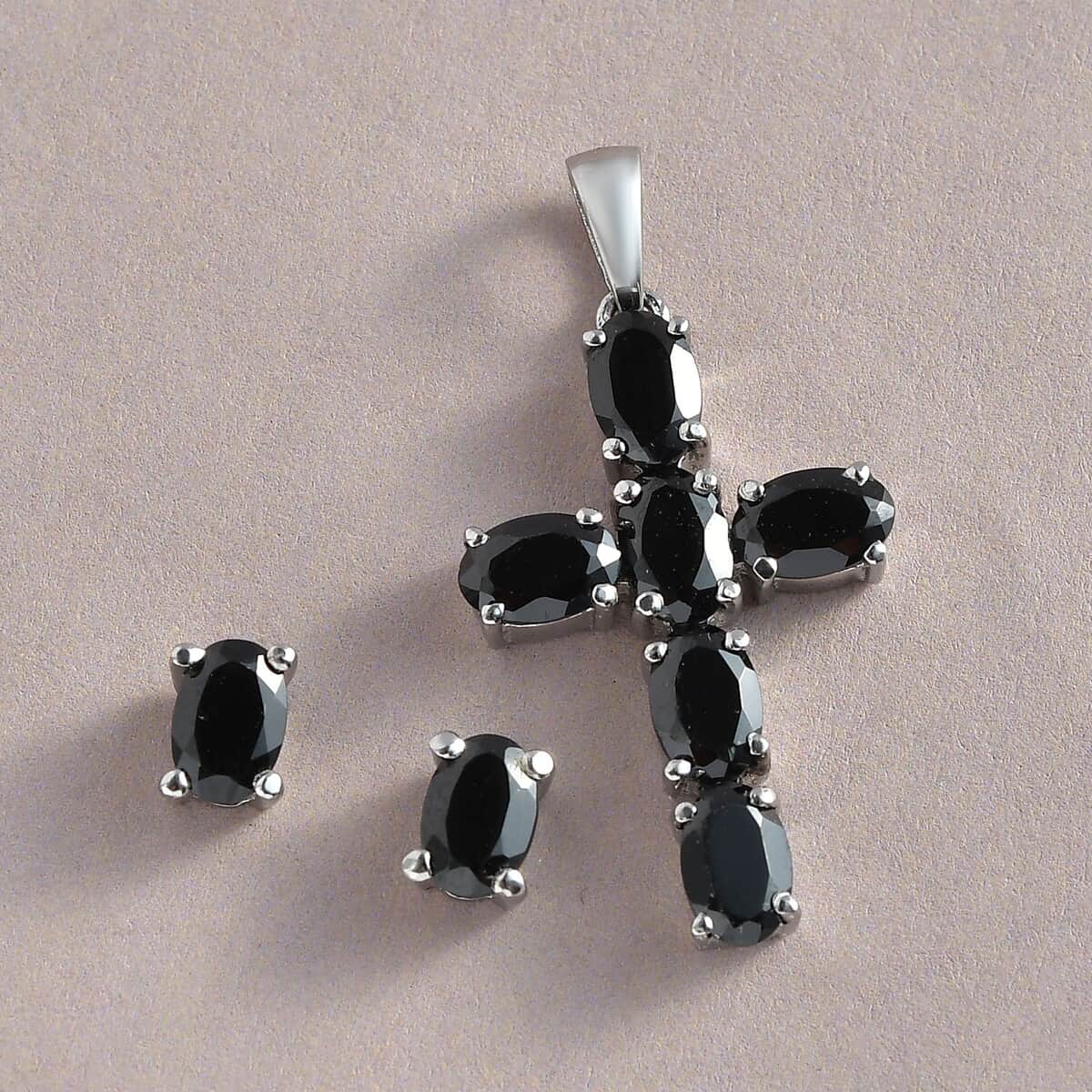 Natural Thai Black Spinel Cross Pendant and Solitaire Stud Earrings in Stainless Steel 4.60 ctw image number 1