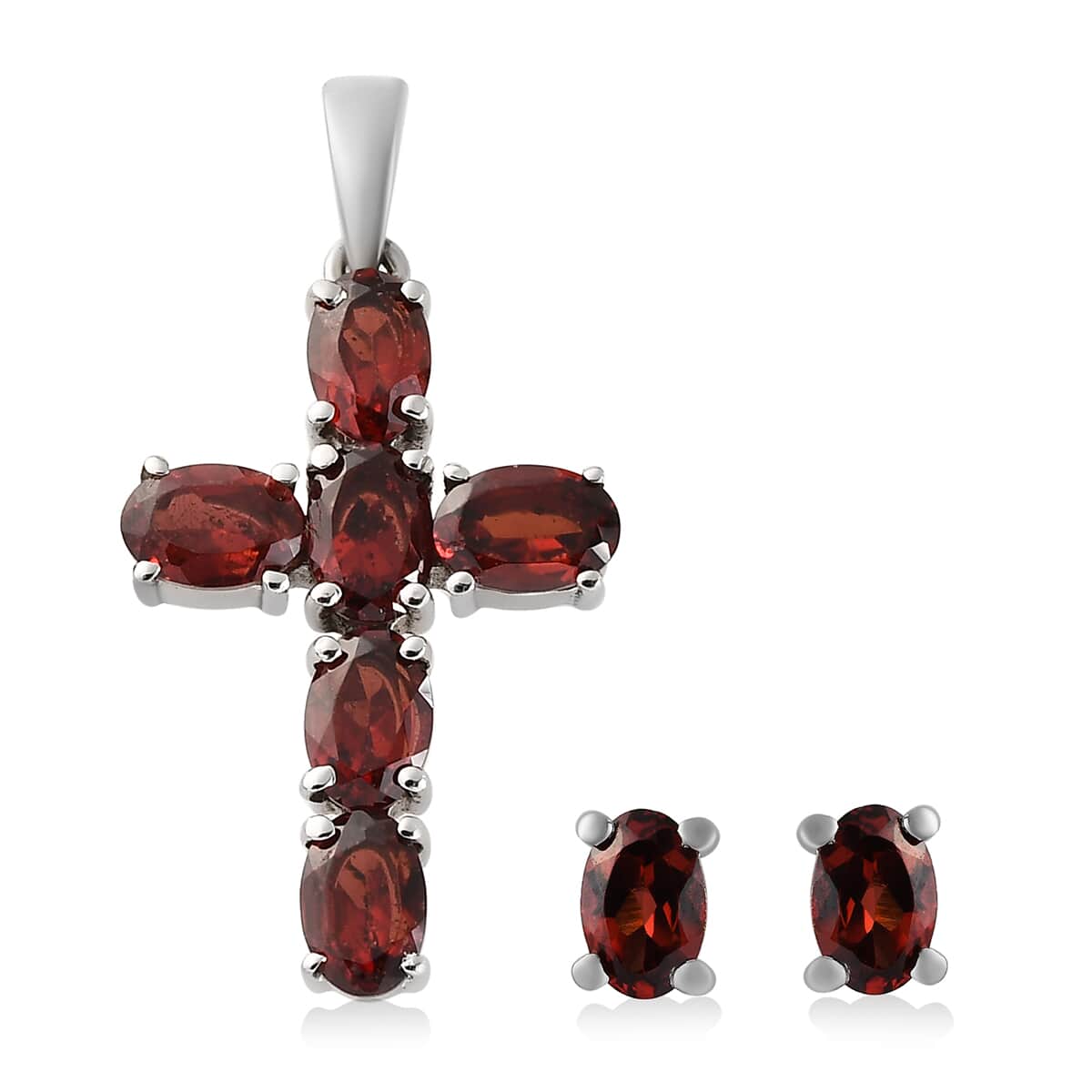 Mozambique Garnet Cross Pendant and Solitaire Stud Earrings in Stainless Steel 4.40 ctw image number 0
