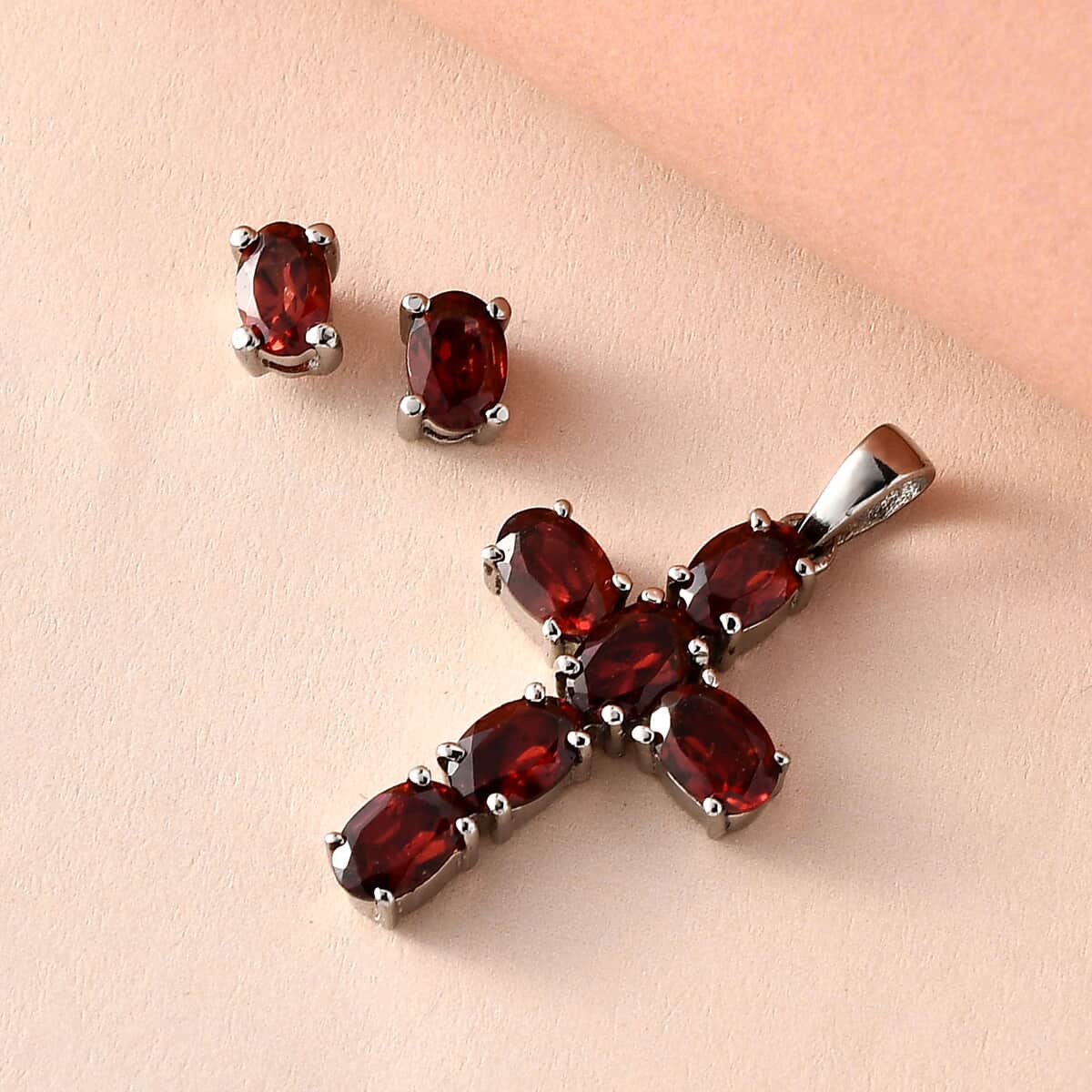 Mozambique Garnet Cross Pendant and Solitaire Stud Earrings in Stainless Steel 4.40 ctw image number 1