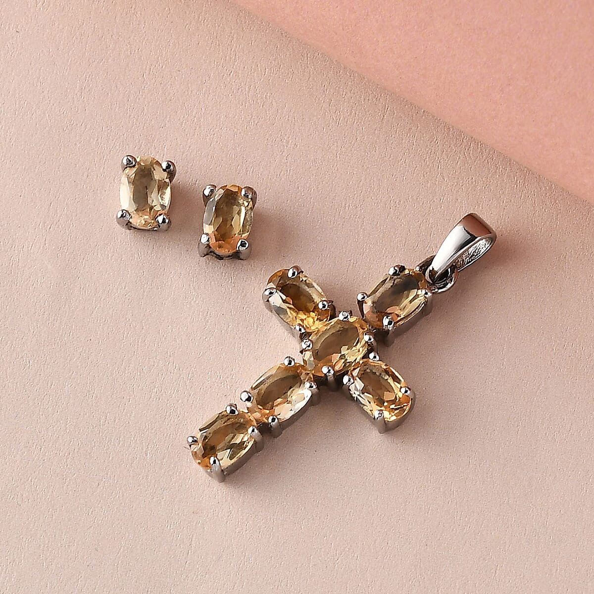 Brazilian Citrine Cross Pendant and Solitaire Stud Earrings in Stainless Steel 3.90 ctw image number 1