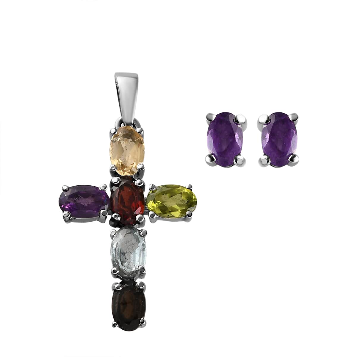 Multi Gemstone Cross Pendant and Solitaire Stud Earrings in Stainless Steel 4.13 ctw image number 0