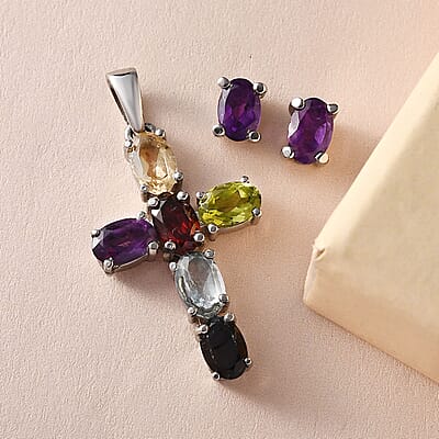 Multi Gemstone Cross Pendant and Solitaire Stud Earrings in Stainless Steel 4.13 ctw
