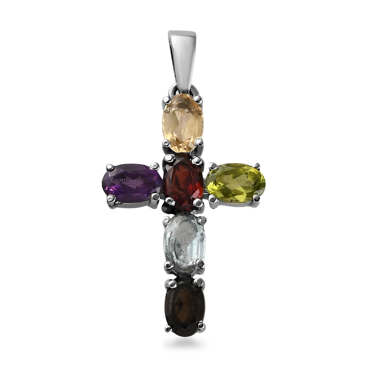 Multi Gemstone Cross Pendant and Solitaire Stud Earrings in Stainless Steel 4.13 ctw image number 2