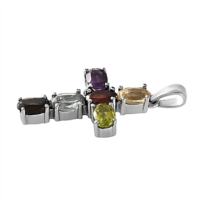 Multi Gemstone Cross Pendant and Solitaire Stud Earrings in Stainless Steel 4.13 ctw