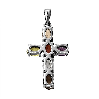 Multi Gemstone Cross Pendant and Solitaire Stud Earrings in Stainless Steel 4.13 ctw