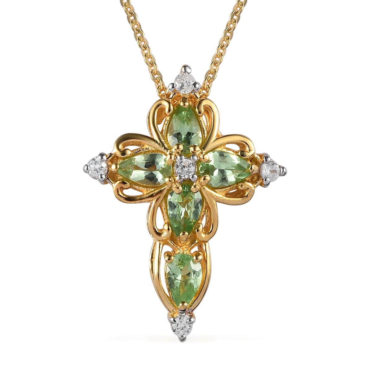 Premium Tsavorite Garnet and White Zircon Cross Pendant Necklace 20 Inches in Vermeil Yellow Gold Over Sterling Silver 1.20 ctw image number 0