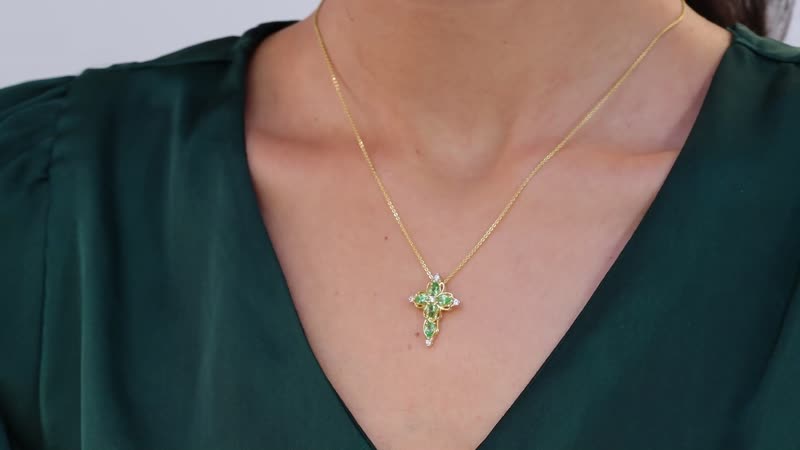 Premium Tsavorite Garnet and White Zircon Cross Pendant Necklace 20 Inches in Vermeil Yellow Gold Over Sterling Silver 1.20 ctw