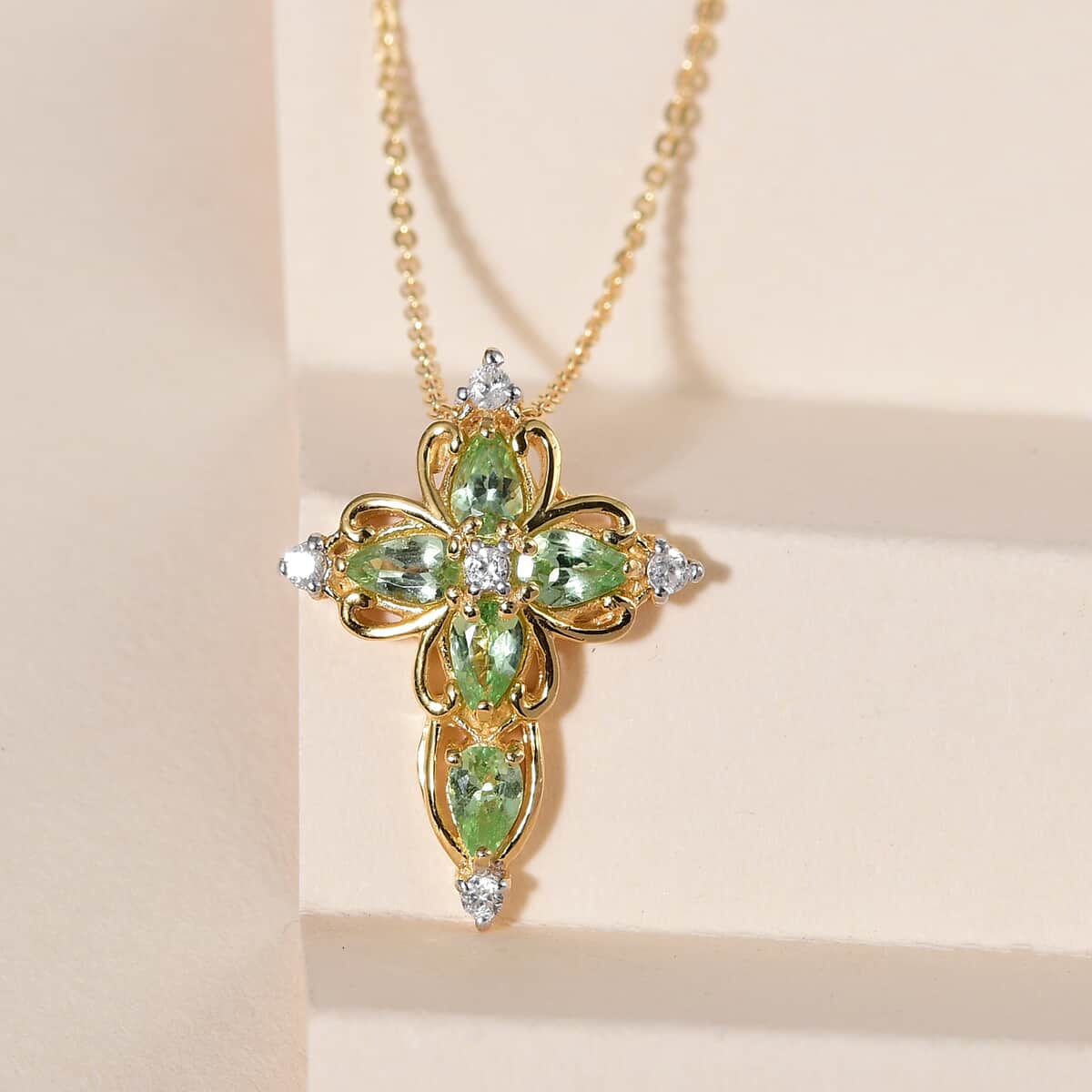 Premium Tsavorite Garnet and White Zircon Cross Pendant Necklace 20 Inches in Vermeil Yellow Gold Over Sterling Silver 1.20 ctw image number 1