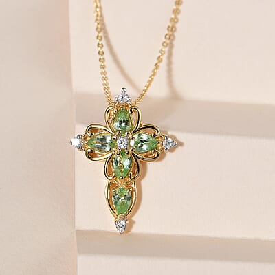 Premium Tsavorite Garnet and White Zircon Cross Pendant Necklace 20 Inches in Vermeil Yellow Gold Over Sterling Silver 1.20 ctw