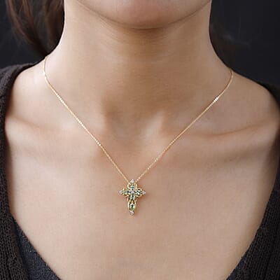 Premium Tsavorite Garnet and White Zircon Cross Pendant Necklace 20 Inches in Vermeil Yellow Gold Over Sterling Silver 1.20 ctw