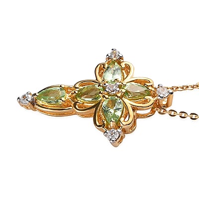 Premium Tsavorite Garnet and White Zircon Cross Pendant Necklace 20 Inches in Vermeil Yellow Gold Over Sterling Silver 1.20 ctw