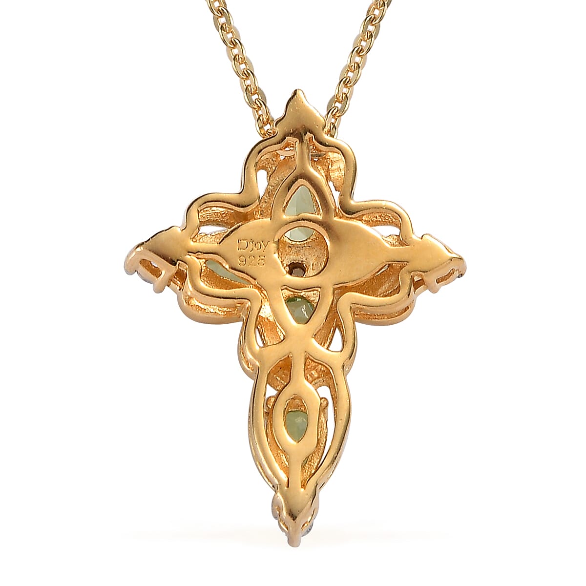 Premium Tsavorite Garnet and White Zircon Cross Pendant Necklace 20 Inches in Vermeil Yellow Gold Over Sterling Silver 1.20 ctw
