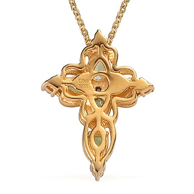 Premium Tsavorite Garnet and White Zircon Cross Pendant Necklace 20 Inches in Vermeil Yellow Gold Over Sterling Silver 1.20 ctw