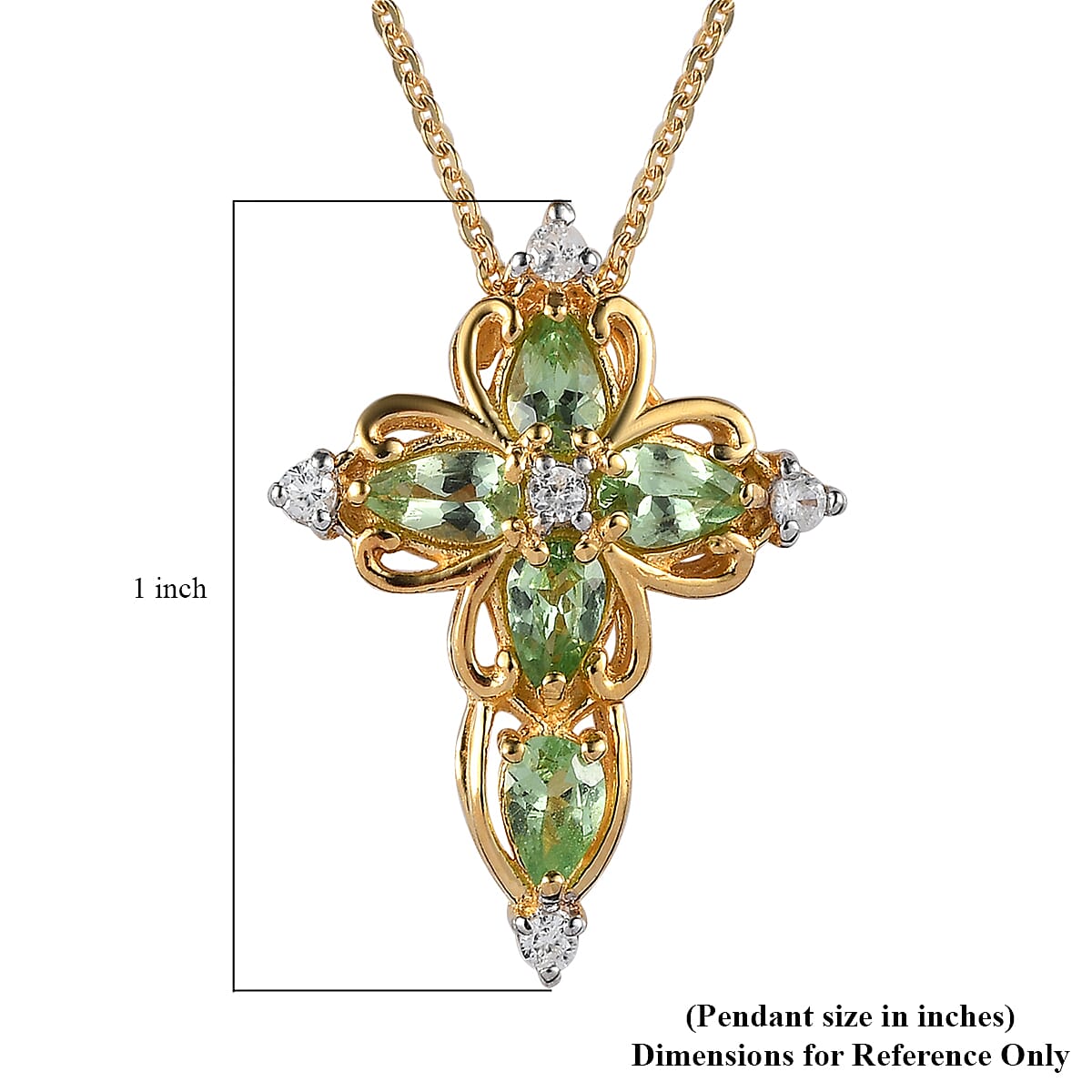 Premium Tsavorite Garnet and White Zircon Cross Pendant Necklace 20 Inches in Vermeil Yellow Gold Over Sterling Silver 1.20 ctw