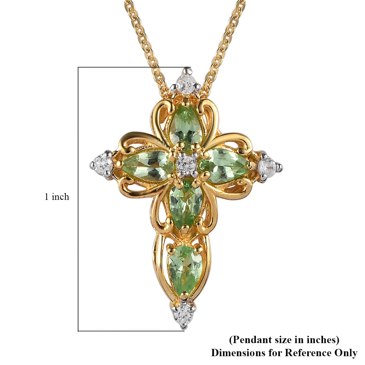 Premium Tsavorite Garnet and White Zircon Cross Pendant Necklace 20 Inches in Vermeil Yellow Gold Over Sterling Silver 1.20 ctw image number 5