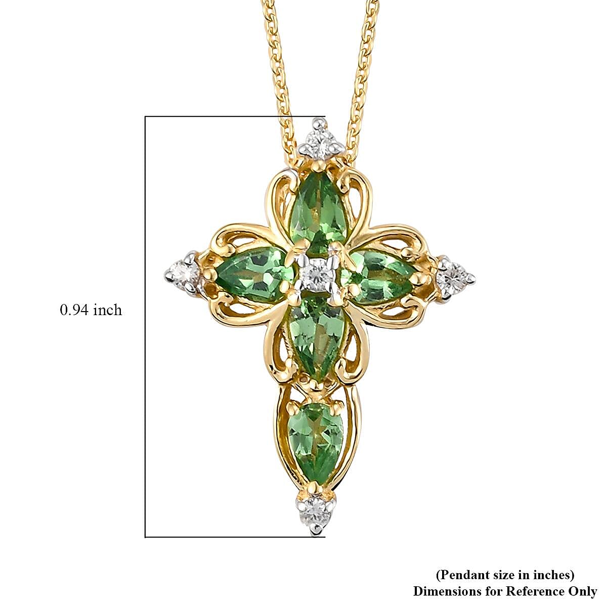 Premium Tsavorite Garnet and White Zircon Cross Pendant Necklace 20 Inches in Vermeil Yellow Gold Over Sterling Silver 1.20 ctw