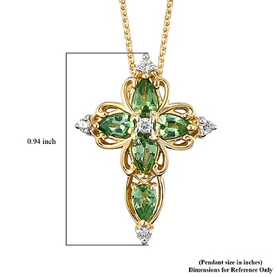 Premium Tsavorite Garnet and White Zircon Cross Pendant Necklace 20 Inches in Vermeil Yellow Gold Over Sterling Silver 1.20 ctw