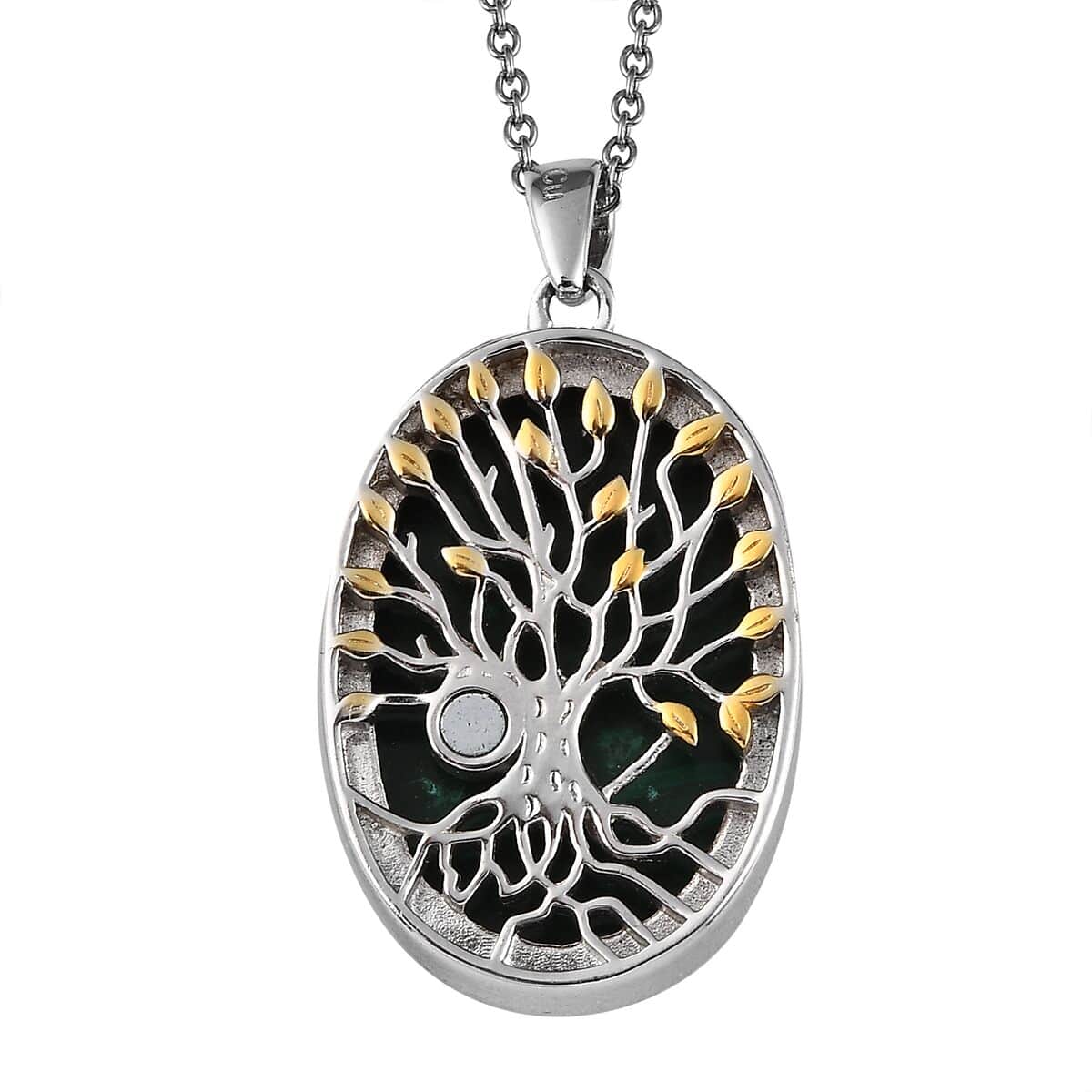 African Malachite Tree of Life Pendant Necklace (20 Inches) in 14K YG &  Platinum Over Copper with Magnet and Stainless Steel 40.00 ctw |  Tarnish-Free,