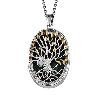 African Malachite Tree of Life Pendant Necklace (20 Inches) in 14K YG & Platinum Over Copper with Magnet and Stainless Steel 40.00 ctw | Tarnish-Free, Waterproof, Sweat Proof Jewelry